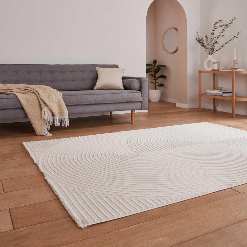 Flores 1924 Spiral Textured Washable Rug in Cream White