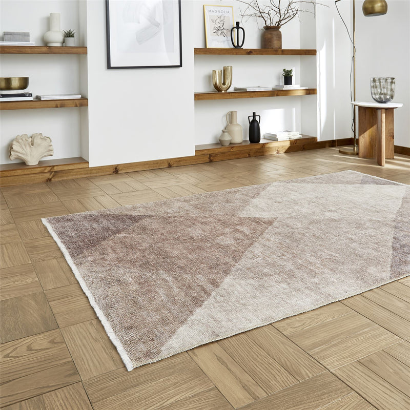 Whisper H1065 Washable Geometric Flat Weave Rugs in Beige Brown