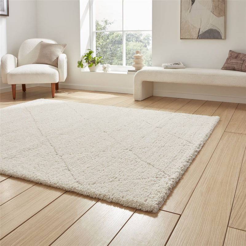 Ideal Shaggy 80260 Berber Geometric Rugs in Cream White