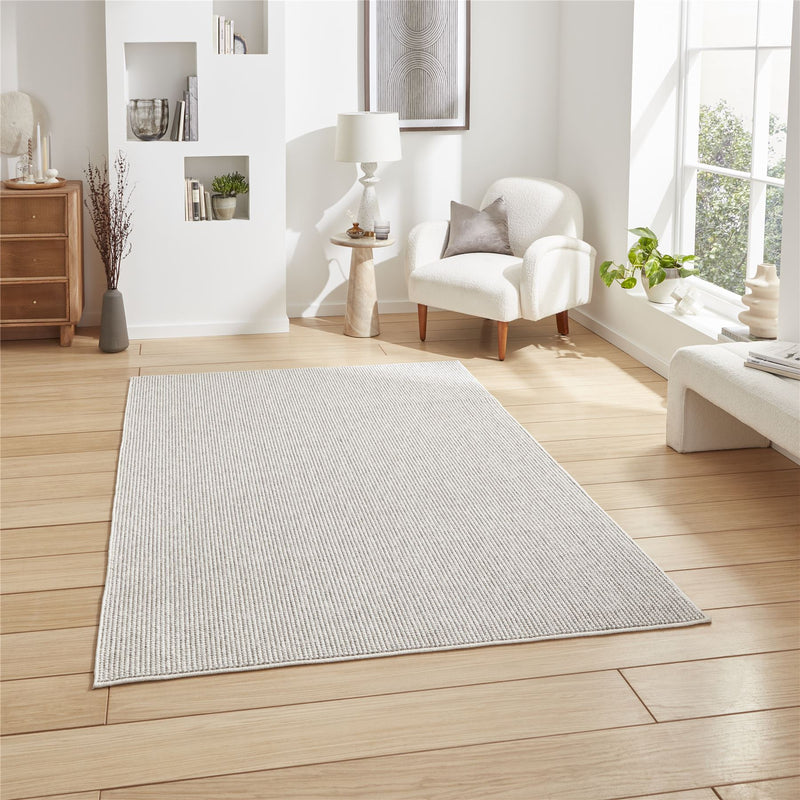 Boucle E6404 Plain Flat Weave Textured Rugs in White Grey