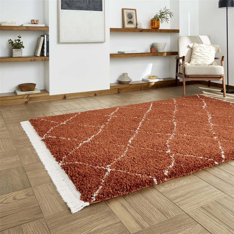 Boho 5413 Berber Shaggy Modern Rugs in Rust Brown