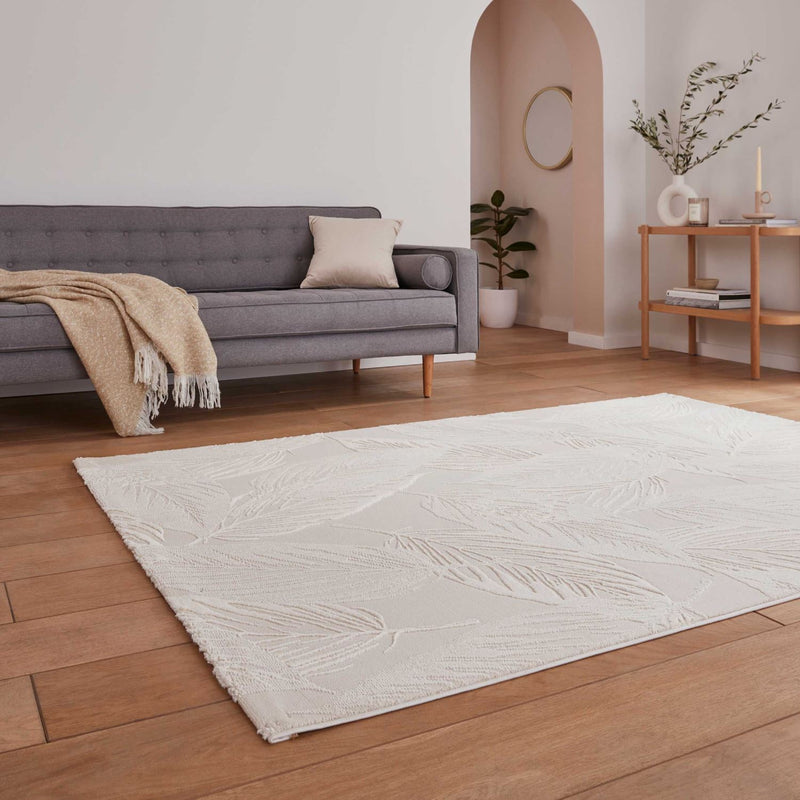 Flores 1925 Botanical Textured Washable Rug in Cream White