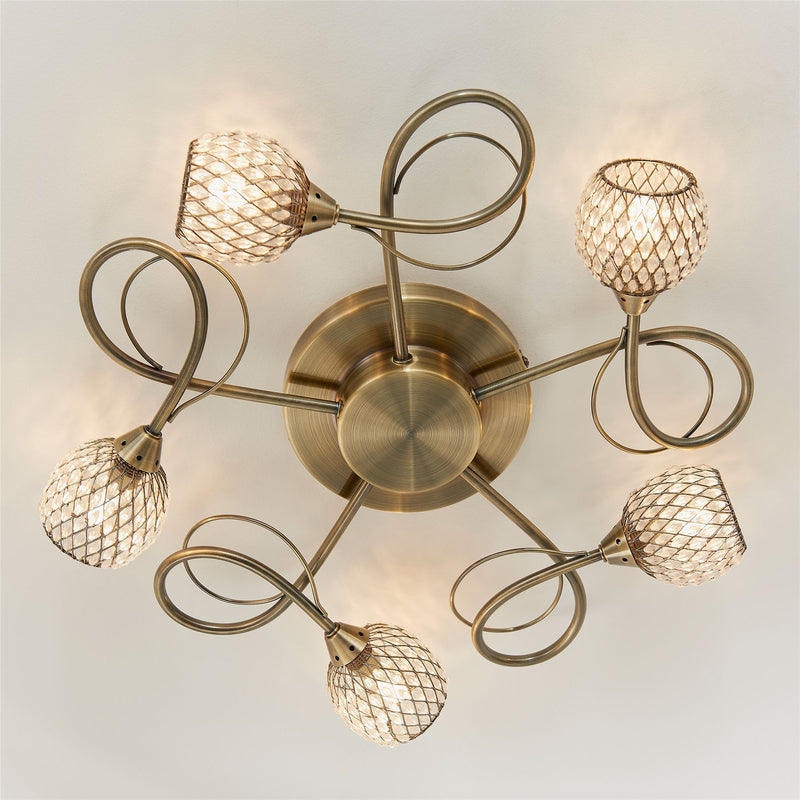 Felicite 5 Light Flush Ceiling Lamp in Antique Brass