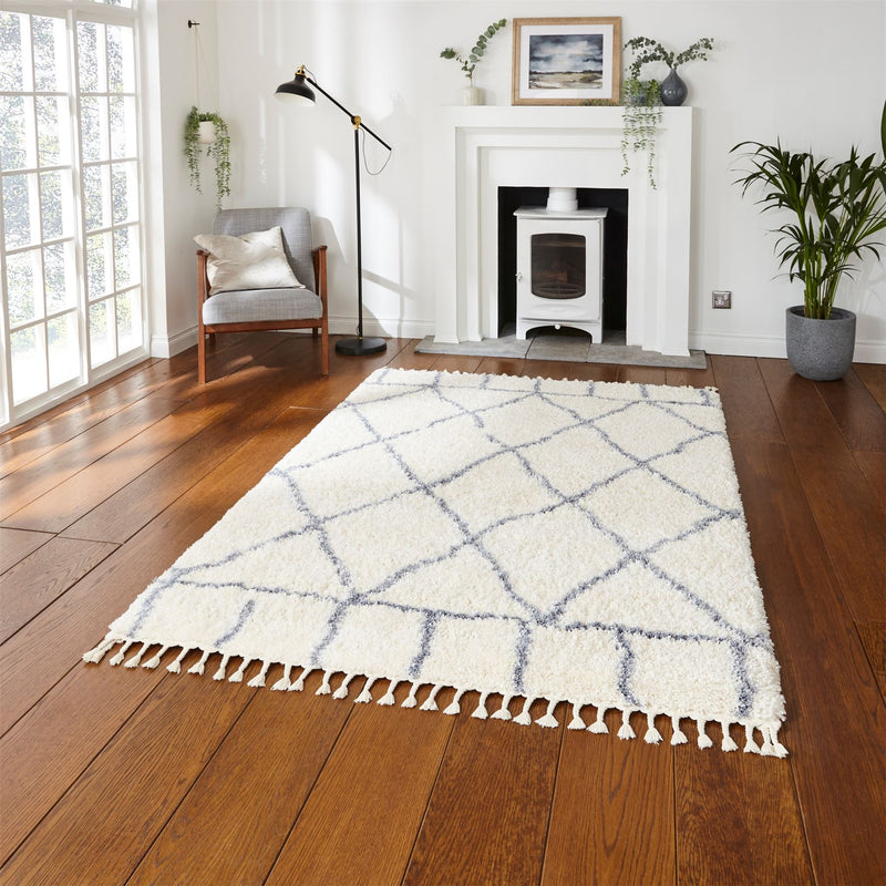 Boho Moroccan 1817 Shaggy Rugs in Ivory Grey