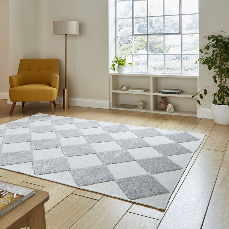 Lyna J0529 Textured Geometric Washable Rugs in Cream Grey