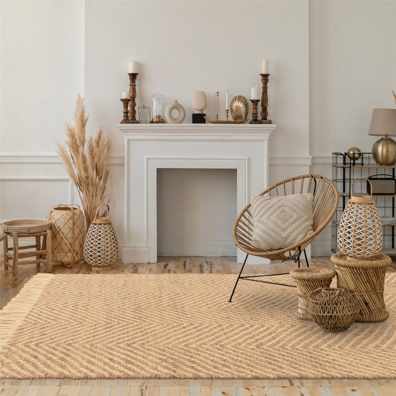 Vigo Flatweave Geometric Boho Jute Wool Rugs in Sand Beige