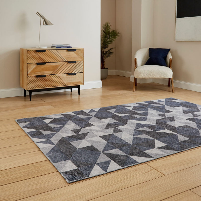 Coral H1057 Modern Washable Geometric Rugs in Blue Grey