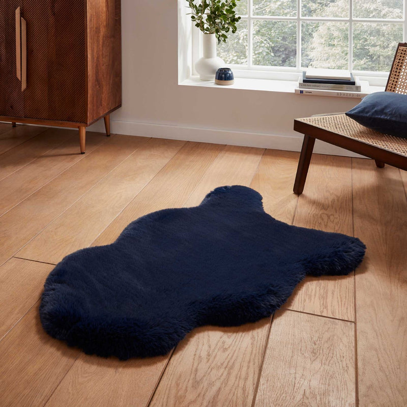 Super Teddy Plain Shaggy Faux Sheepskin Rugs in Navy Blue