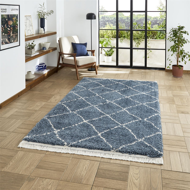 Boho 5413 Berber Shaggy Modern Rugs in Blue