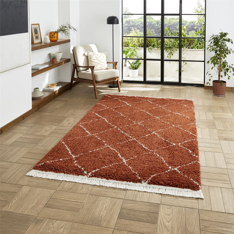 Boho 5413 Berber Shaggy Modern Rugs in Rust Brown