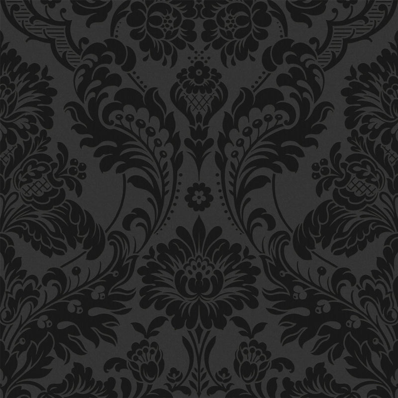 Gothic Damask Flock Wallpaper 106585 by Graham & Brown in Noir Black