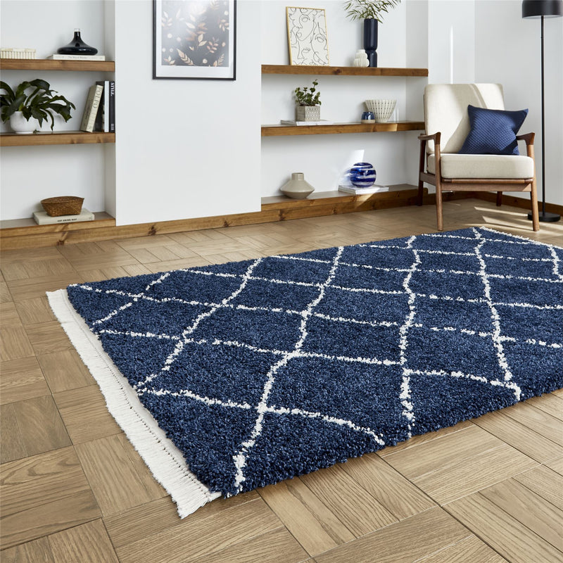 Boho 5413 Berber Shaggy Modern Rugs in Navy Blue