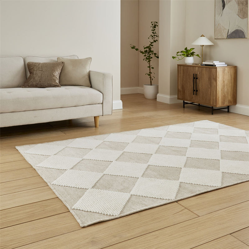 Lyna J0529 Textured Geometric Washable Rugs in Beige White