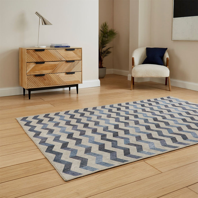 Coral H1059 Modern Washable Chevron Rugs in Blue