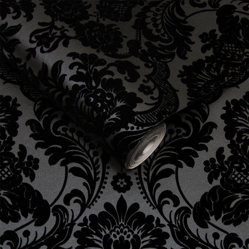 Gothic Damask Flock Wallpaper 106585 by Graham & Brown in Noir Black