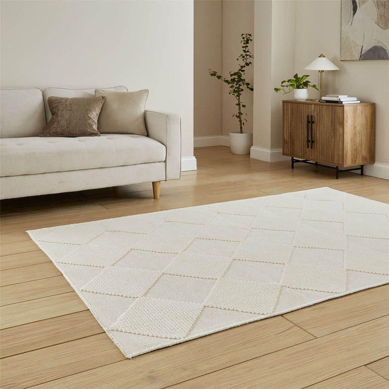 Lyna J0529 Textured Geometric Washable Rugs in Cream