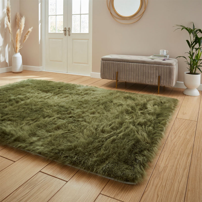 Polar Plush Soft Plain Textured Shaggy Rugs in Olive Green