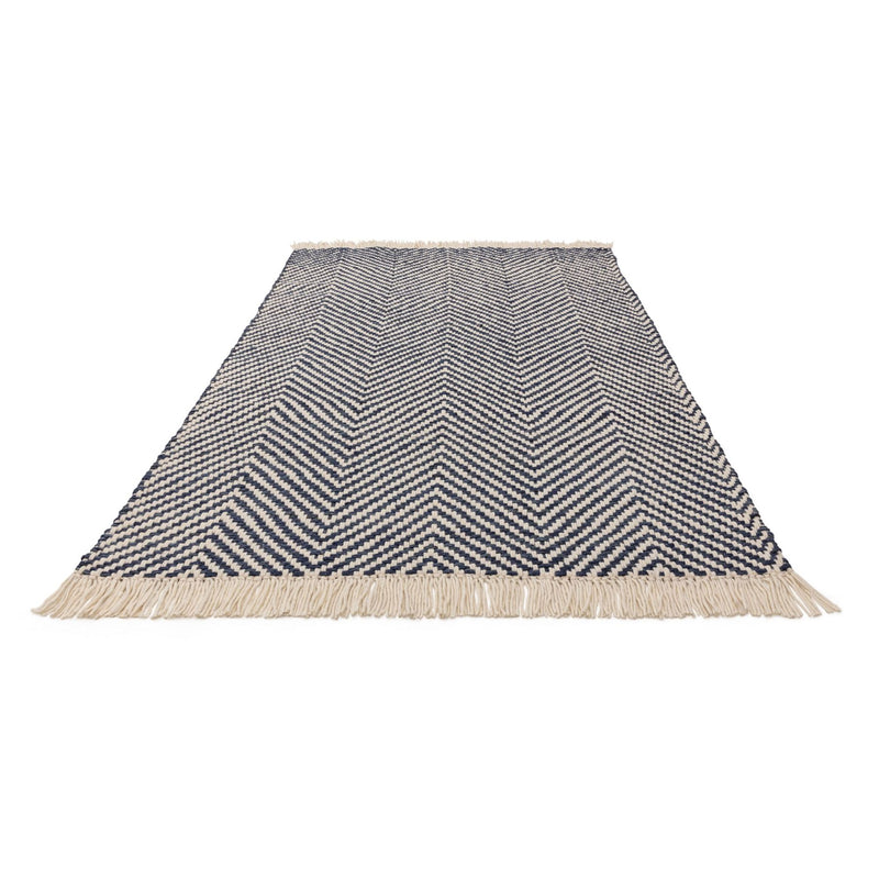 Vigo Flatweave Geometric Boho Jute Wool Rugs in Navy Blue