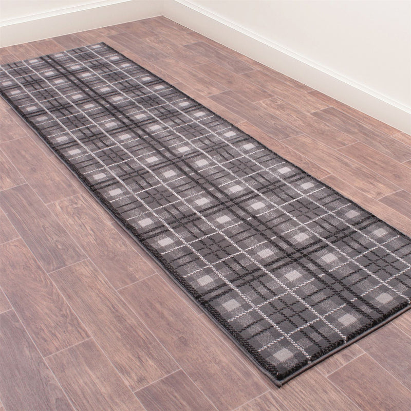 Tartan Check Modern Runner Rugs in Grey