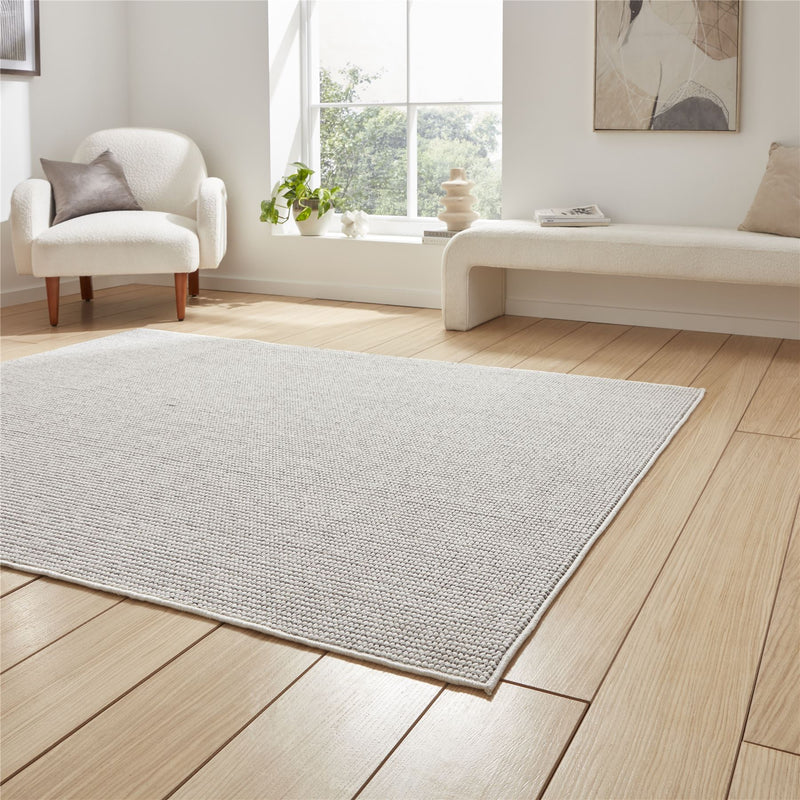 Boucle E6404 Plain Flat Weave Textured Rugs in White Grey