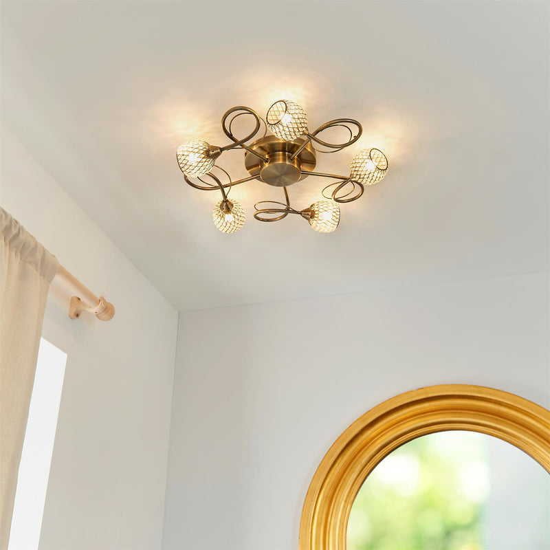 Felicite 5 Light Flush Ceiling Lamp in Antique Brass