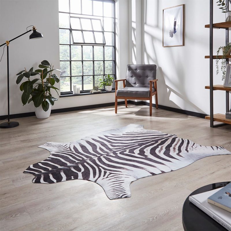 Faux Zebra Print Rug in Black White