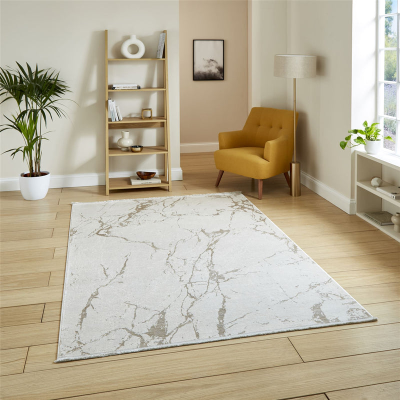 Mirage MR15 Modern Abstract Marble Metallic Rugs in Cream White