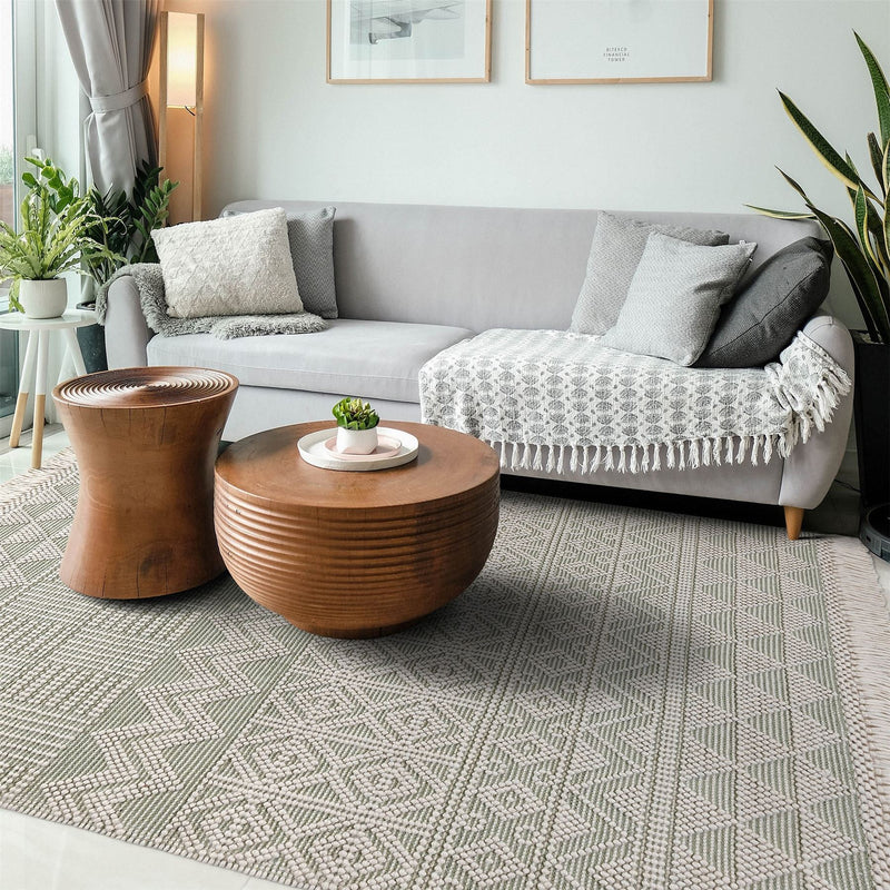 ANYA01 Boho Geometric Zig Zag Rug in Ivory Mint Green