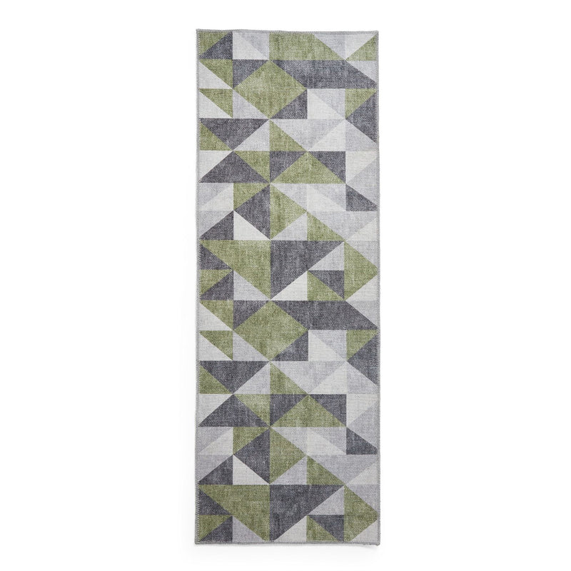 Coral H1057 Modern Washable Geometric Runner Rugs in Green Grey