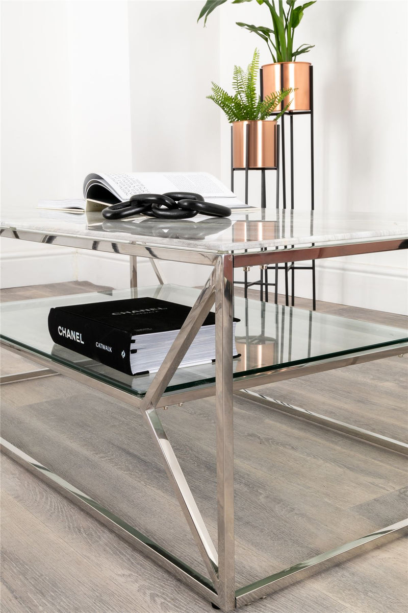 Delilah Marble Glass Coffee Table with shelf