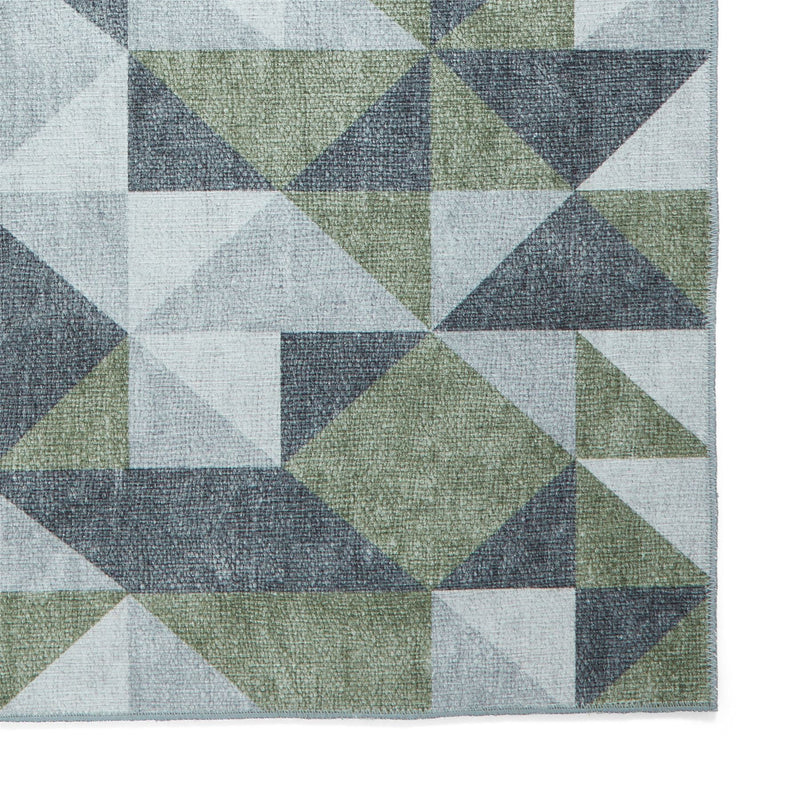 Coral H1057 Modern Washable Geometric Runner Rugs in Green Grey