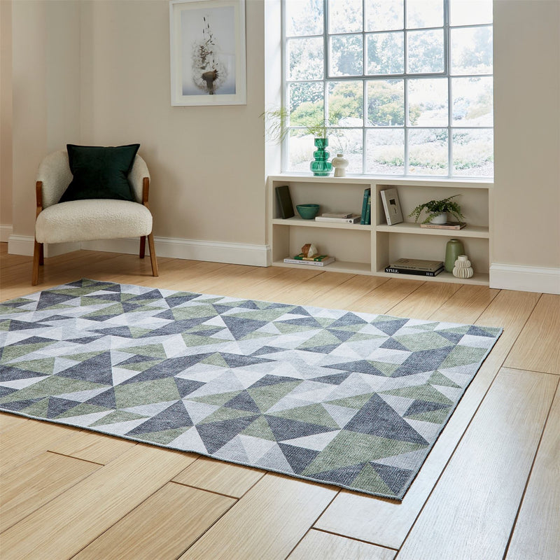 Coral H1057 Modern Washable Geometric Rugs in Green Grey