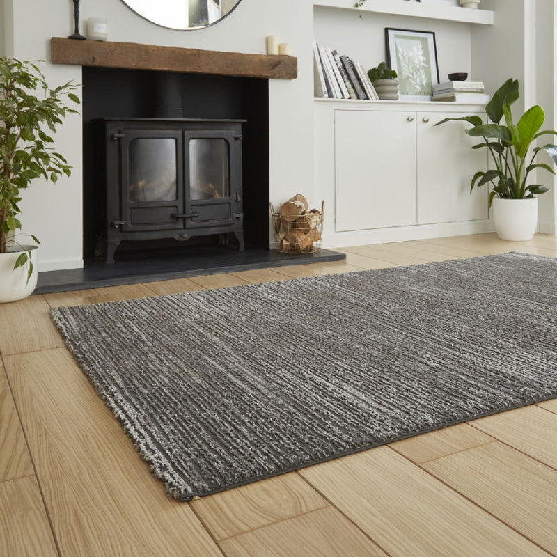 Flores 1930 Plain Textured Washable Rug in Charcoal Grey