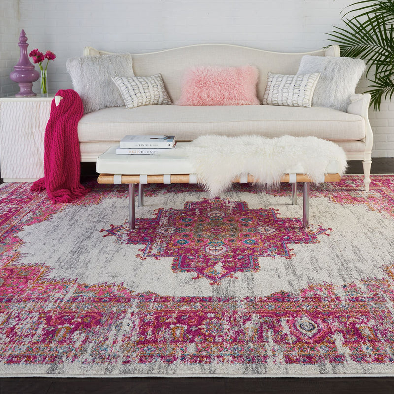 Passion Traditional Medallion Persian Rugs PSN03 in Ivory and Fuchsia