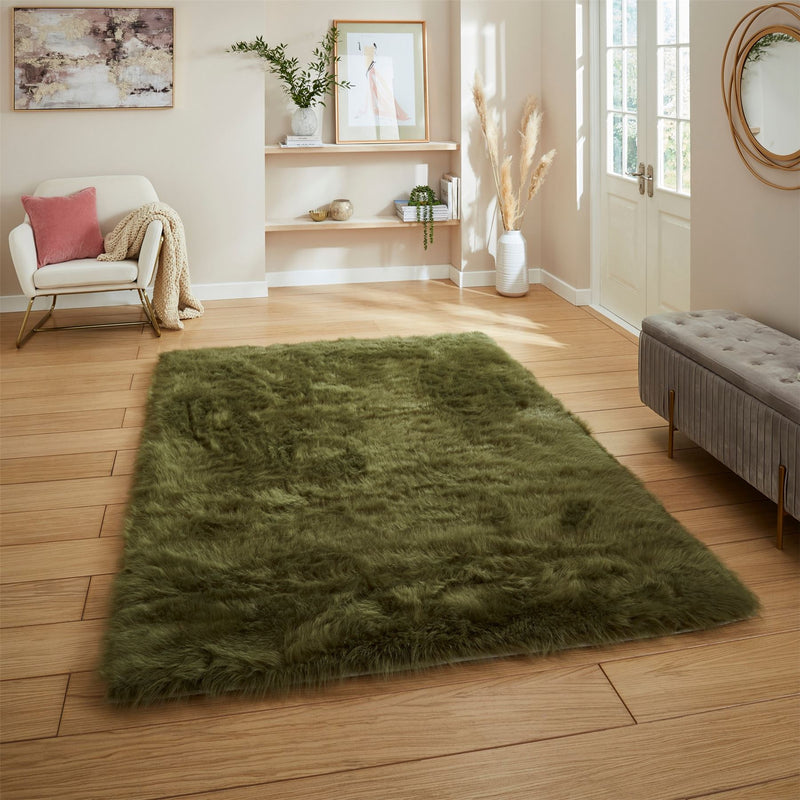 Polar Plush Soft Plain Textured Shaggy Rugs in Olive Green