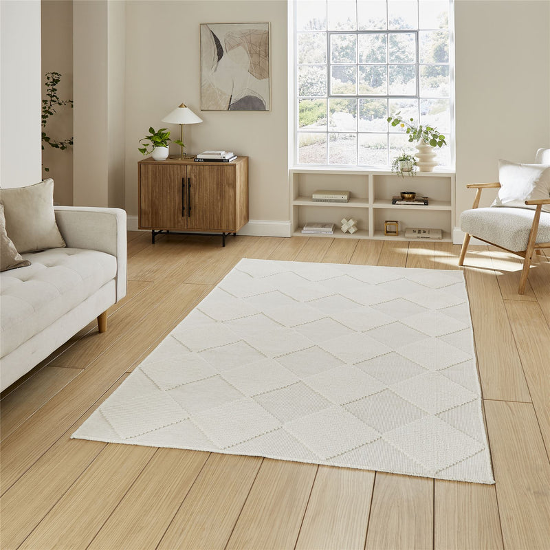 Lyna J0529 Textured Geometric Washable Rugs in Cream