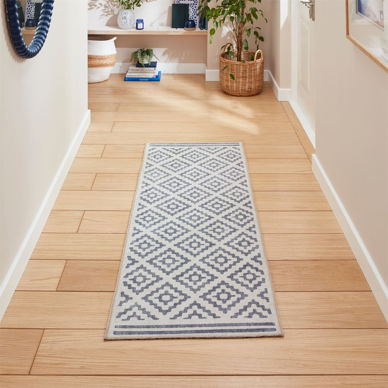 Coral H1058 Modern Washable Geometric Runner Rugs in Blue