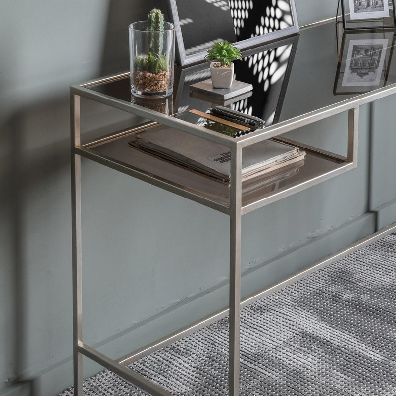 Rowbothem Smoked Glass & Iron Desk in Silver