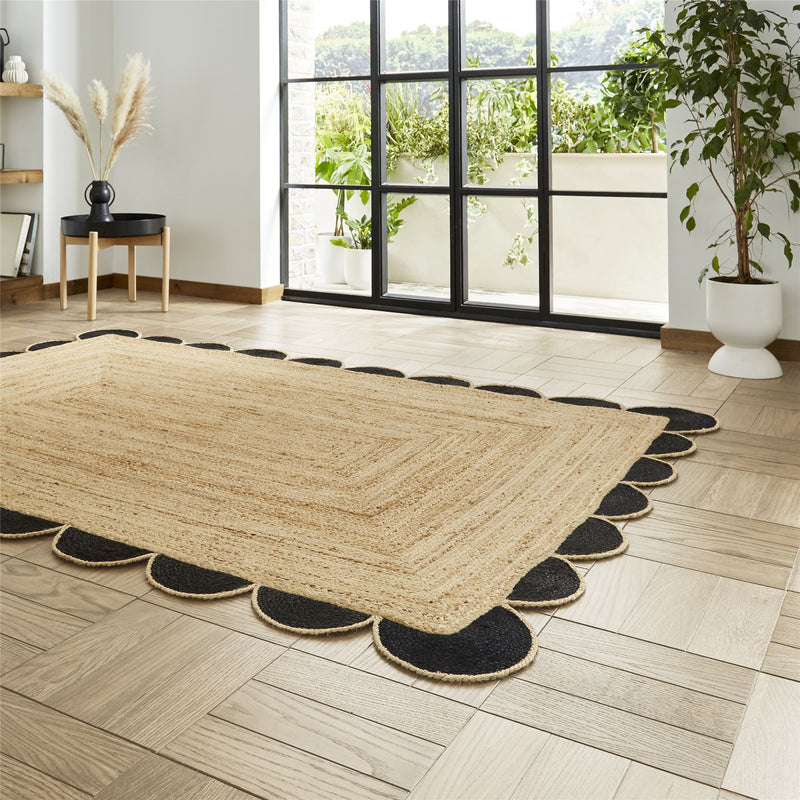 Savannah Jute Scallop Plain Flat Weave Rugs in Black