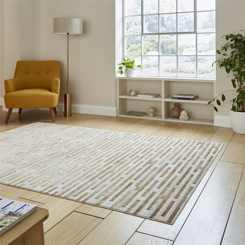 Mirage MR16 Modern Abstract Striped Metallic Rugs in Beige