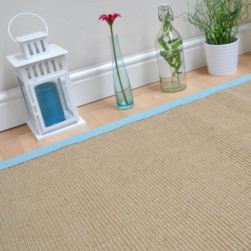 Sisal Hallway Runners in Linen with an Aqua Border