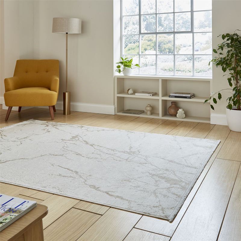 Mirage MR15 Modern Abstract Marble Metallic Rugs in Cream White