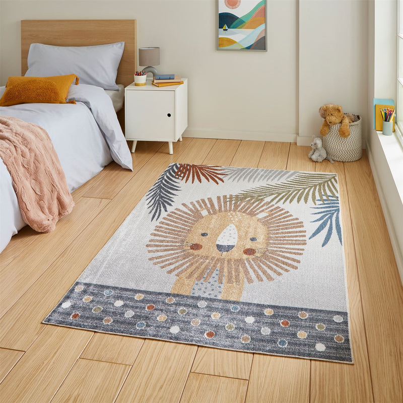 Vida Kids Lion Washable Childrens Rugs in Brown Multi