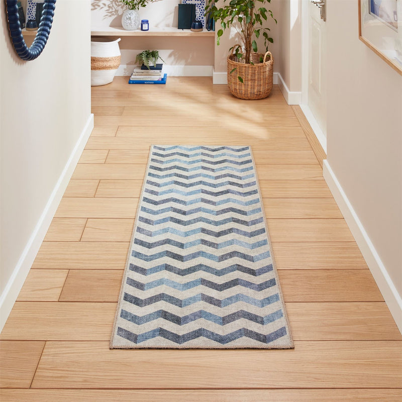 Coral H1059 Modern Washable Chevron Runner Rugs in Blue