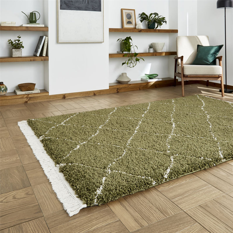 Boho 5413 Berber Shaggy Modern Rugs in Green