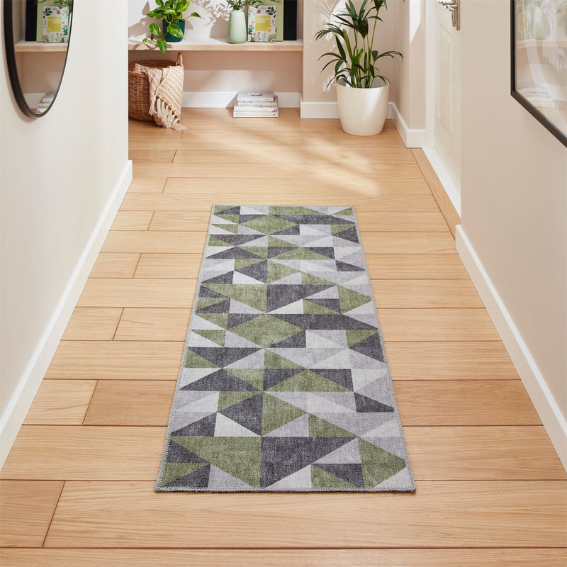 Coral H1057 Modern Washable Geometric Runner Rugs in Green Grey