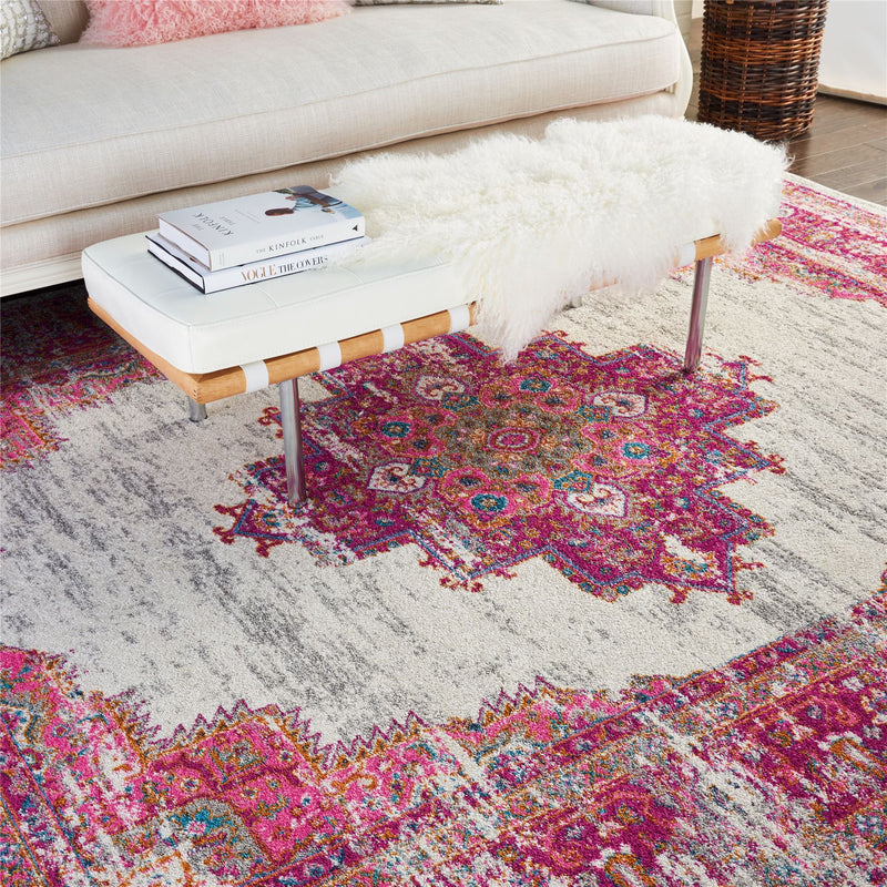 Passion Traditional Medallion Persian Rugs PSN03 in Ivory and Fuchsia