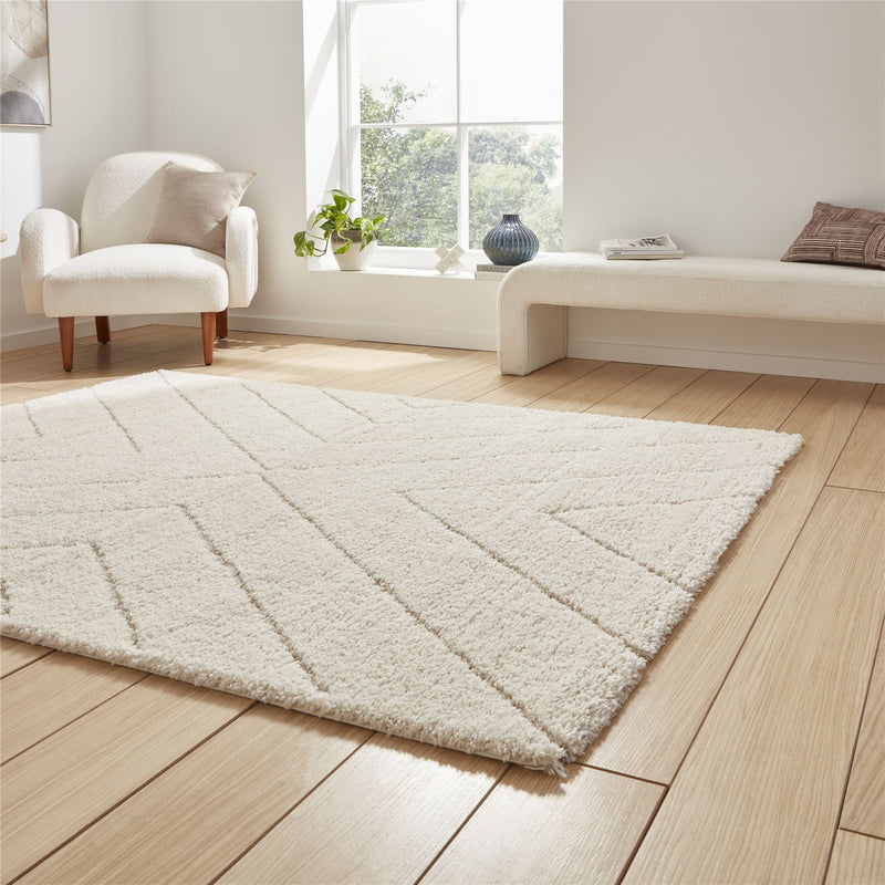 Ideal Shaggy 80362 Berber Geometric Rugs in Cream White