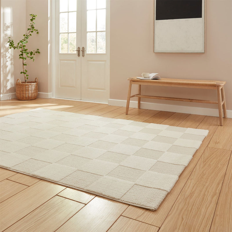 Elio 69924 Textured Geometric Modern Rugs in Cream White