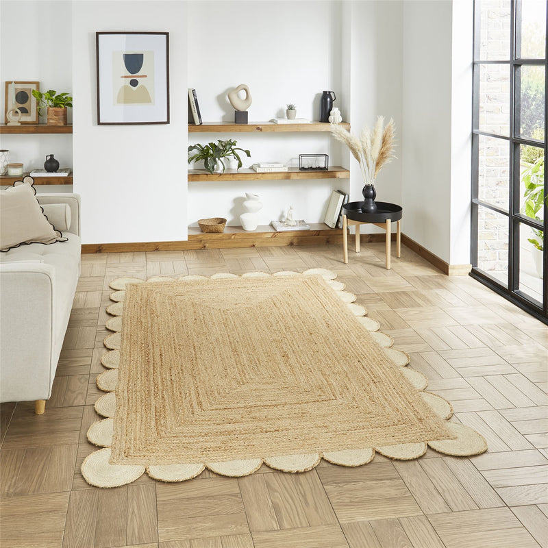 Savannah Jute Scallop Plain Flat Weave Rugs in Natural